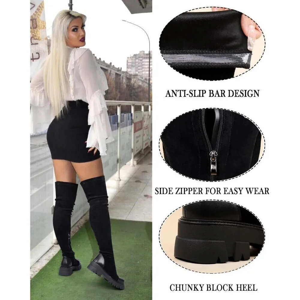 Women Black Over The Knee Boots Lug Sole Tall Boot Side Zipper Long Dress Boot